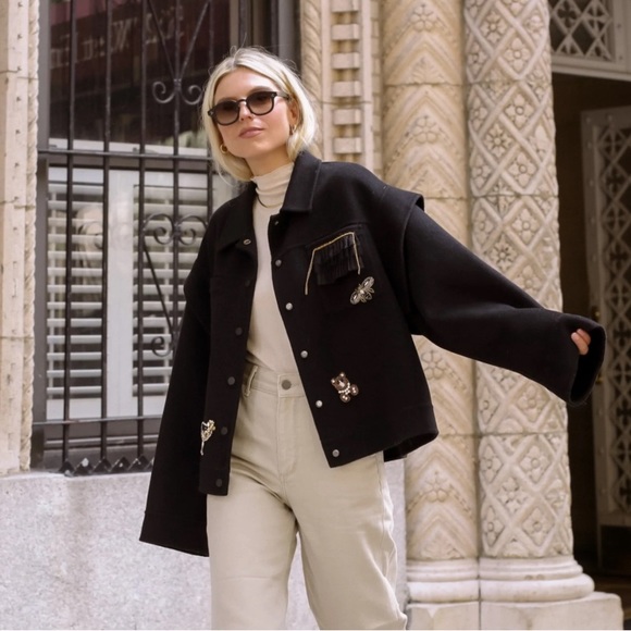 NWT URLAZH Rhinestone Stitched Short Teddy Bear & Champagne Jacket MSRP$438 - Picture 1 of 16